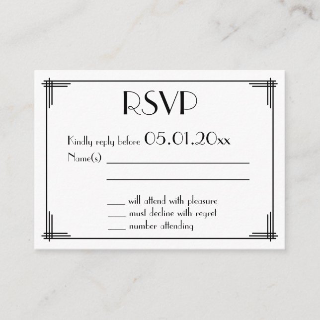 Tiny Black Great Gatsby Art Deco Wedding RSVP Enclosure Card (Front)
