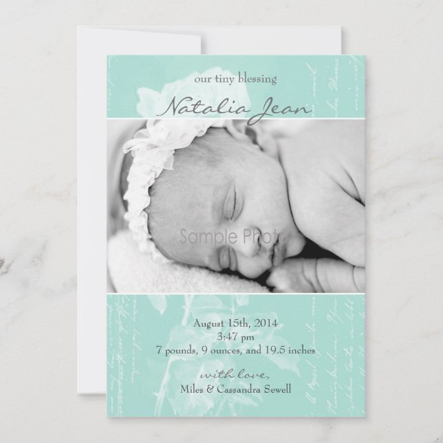 Tiny Blessing Birth Announcement//Light Emerald Announcement (Front)