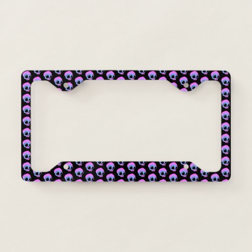 Tiny Blue Pink Cartoon Skulls on black License Plate Frame