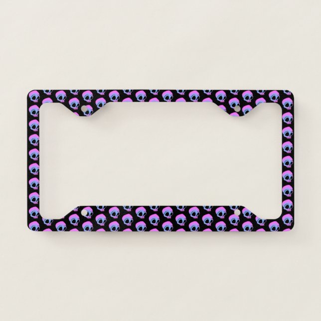 Tiny Blue Pink Cartoon Skulls on black License Plate Frame (Front)