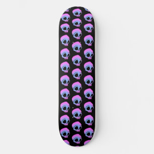 Tiny Blue Pink Cartoon Skulls on black Skateboard