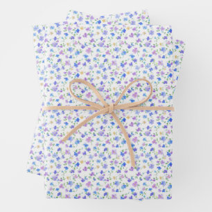 Tiny Blue & Purple Flowers on White Wrapping Paper Sheets