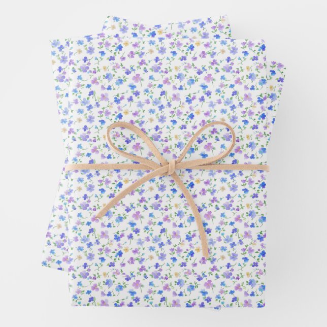 Tiny Blue & Purple Flowers on White Wrapping Paper Sheets (In situ)