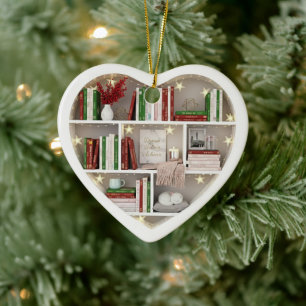 Tiny Book Shelves Christmas Red & Green 2Dprint Ceramic Ornament