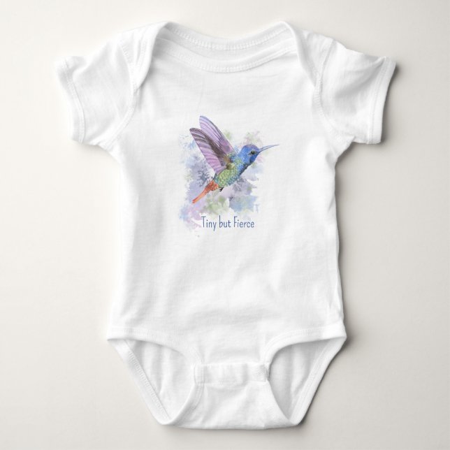 Tiny but Fierce Quote Whimsical Rufous Hummingbird Baby Bodysuit (Front)