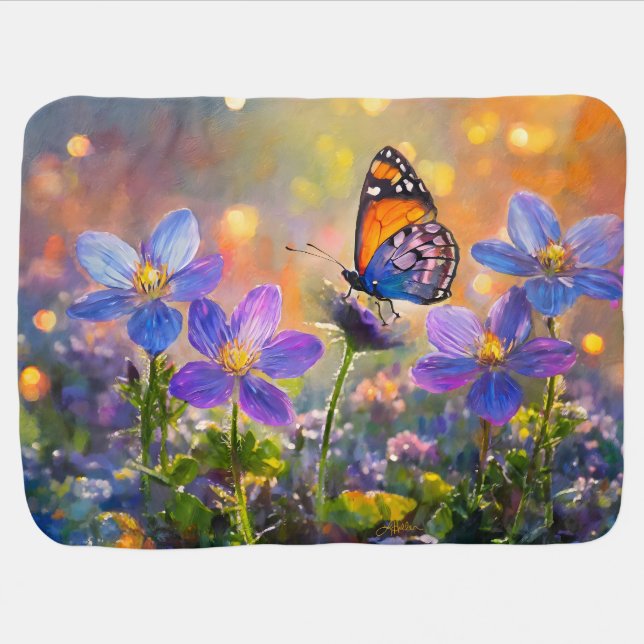 Tiny Butterfly On Wildflowers at Sunrise Baby Blanket (Horizontal)