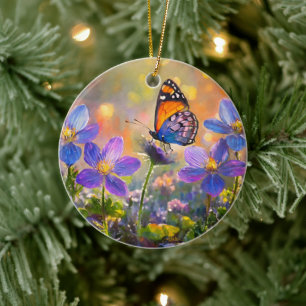 Tiny Butterfly On Wildflowers at Sunrise Ceramic Ornament