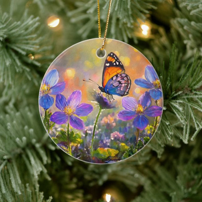 Tiny Butterfly On Wildflowers at Sunrise Ceramic Ornament (Tree)