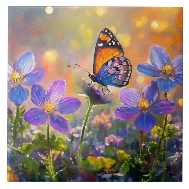 Tiny Butterfly On Wildflowers at Sunrise Ceramic Tile (Front)