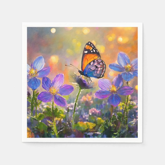 Tiny Butterfly On Wildflowers at Sunrise Napkins (Front)