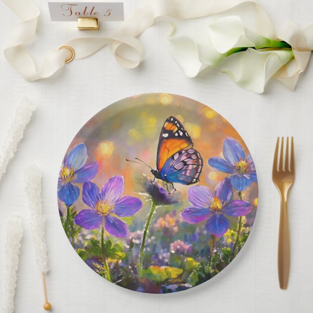 Tiny Butterfly On Wildflowers at Sunrise Paper Plates (Wedding)