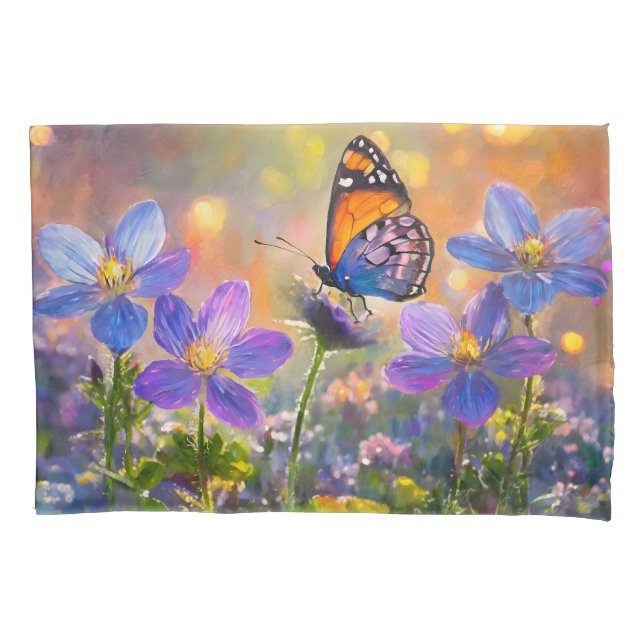 Tiny Butterfly On Wildflowers at Sunrise Pillow Case (Front)