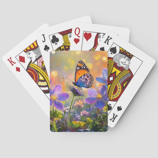 Tiny Butterfly On Wildflowers at Sunrise Poker Cards (Back)