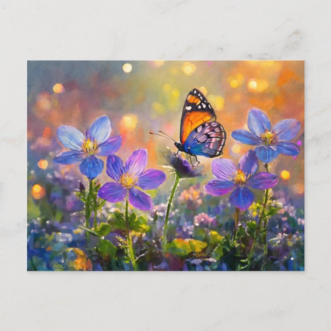 Tiny Butterfly On Wildflowers at Sunrise Postcard (Front)