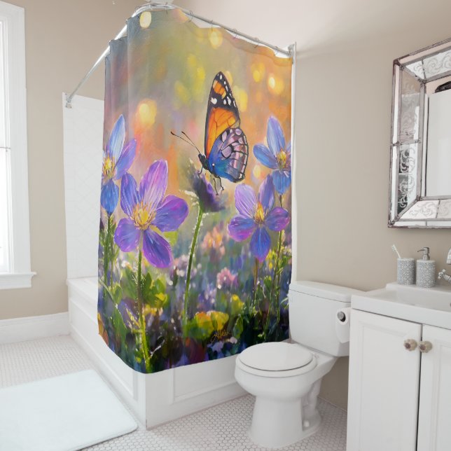 Tiny Butterfly On Wildflowers at Sunrise Shower Curtain (In Situ)