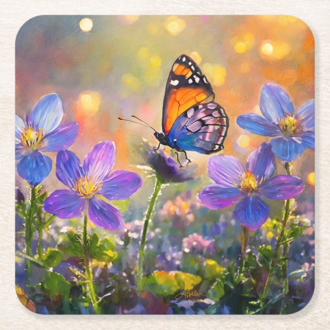Tiny Butterfly On Wildflowers at Sunrise Square Paper Coaster (Front)