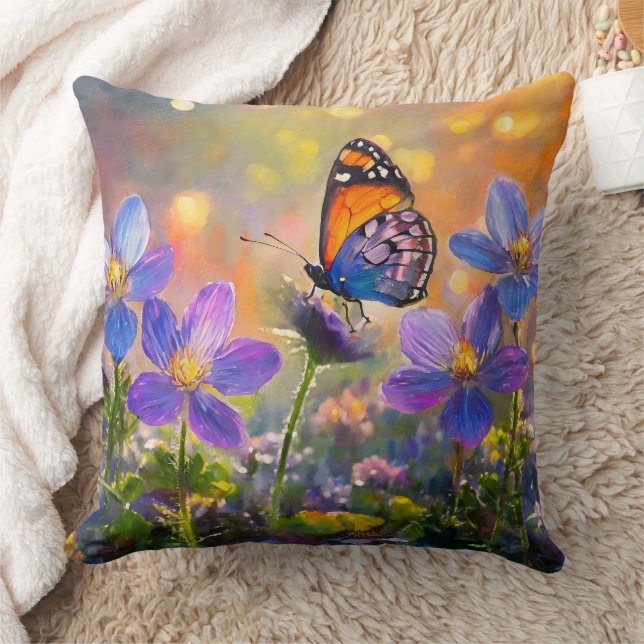 Tiny Butterfly On Wildflowers at Sunrise Throw Pillow (Blanket)