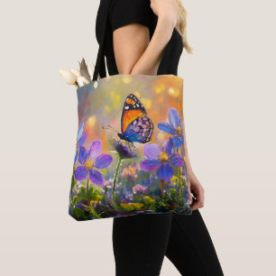 Tiny Butterfly On Wildflowers at Sunrise Tote Bag