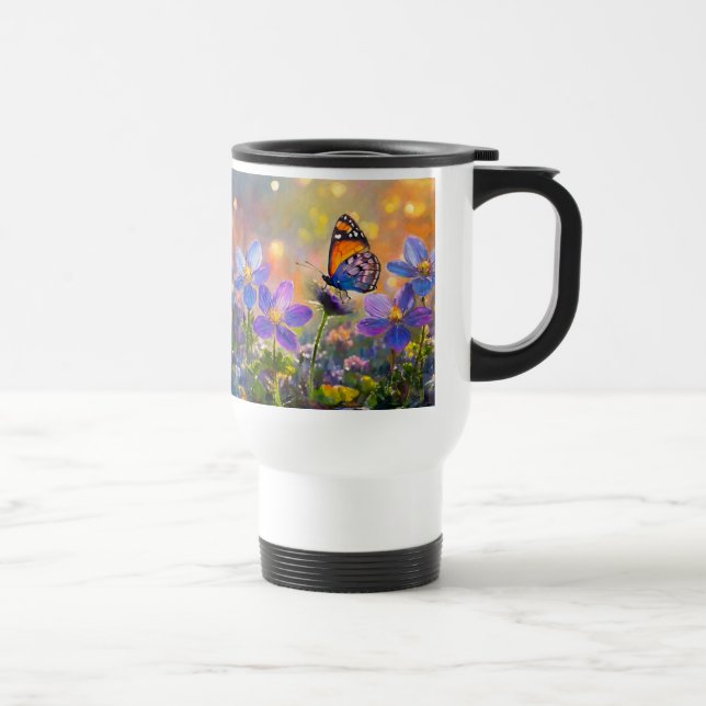 Tiny Butterfly On Wildflowers at Sunrise Travel Mug (Right)