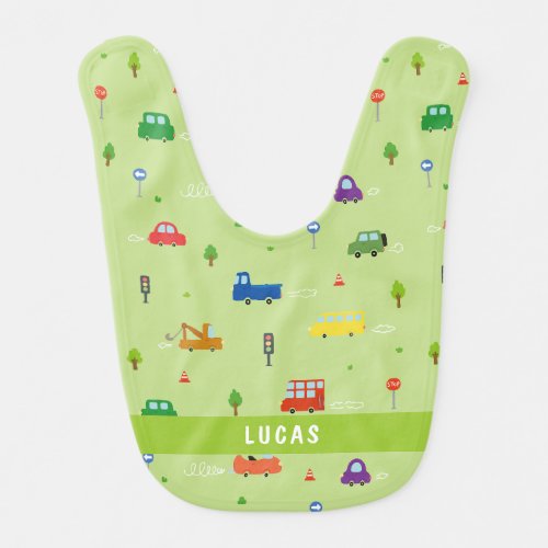 Tiny Car Adventure Custom Name Baby Bib