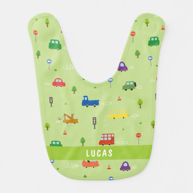 Tiny Car Adventure Custom Name Baby Bib (Front)