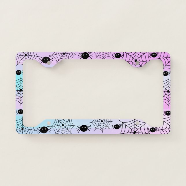 Tiny Cartoon Black Spiders and Spider Web Pattern License Plate Frame (Front)
