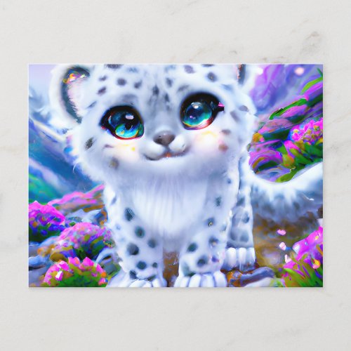 Tiny Chibi Happy Pastel Fluffy Snow Leopard  Postcard