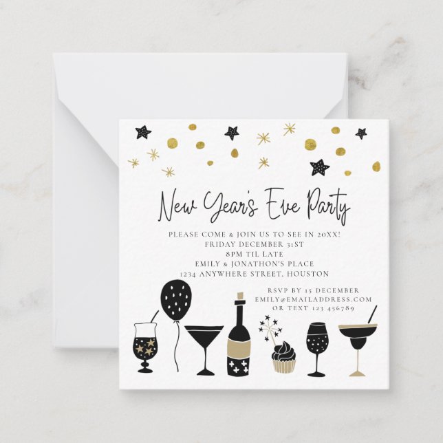 TINY | Cocktails Gold Black New Years Eve Invite (Front)