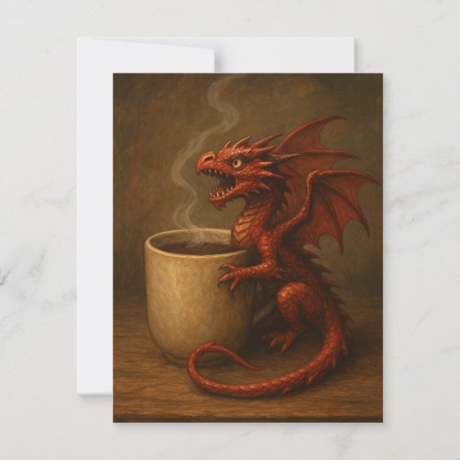 Tiny coffee dragon hugging a mug fun fantasy art note card (Front)