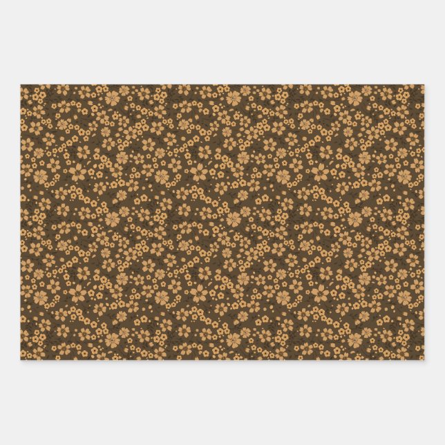 Tiny cute khaki brown black floral pattern wrapping paper sheets (Front)