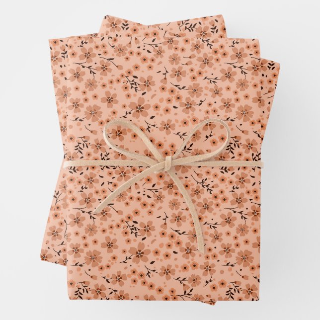 Tiny cute pink red brown cream pattern wrapping paper sheets (In situ)