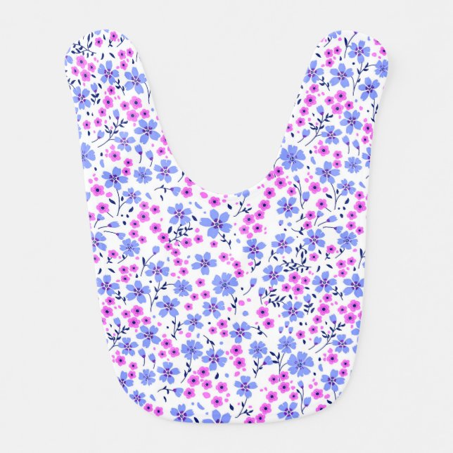 Tiny cute white blue pink floral pattern baby bib (Front)
