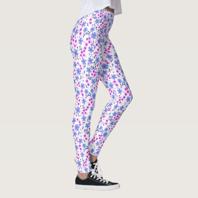 Tiny cute white blue pink floral pattern leggings (Right)
