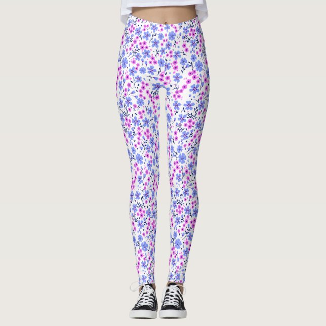 Tiny cute white blue pink floral pattern leggings (Front)