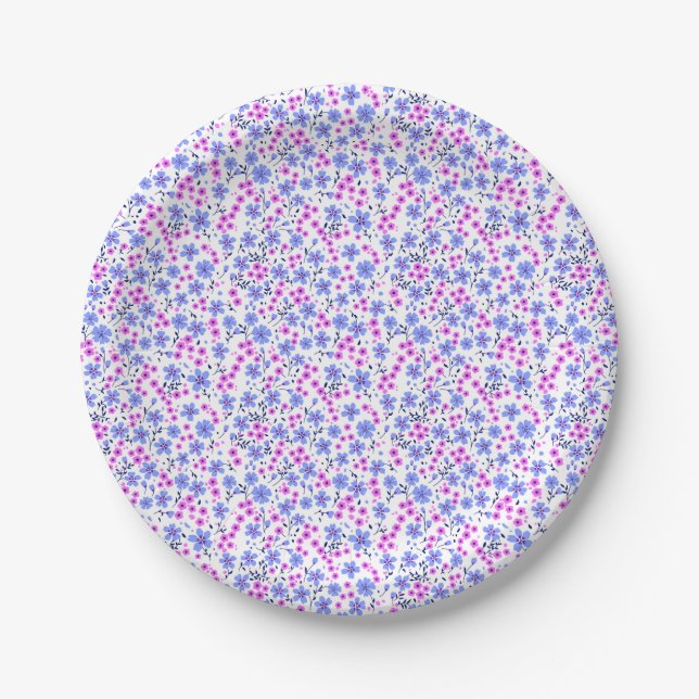 Tiny cute white blue pink floral pattern paper plates (Front)
