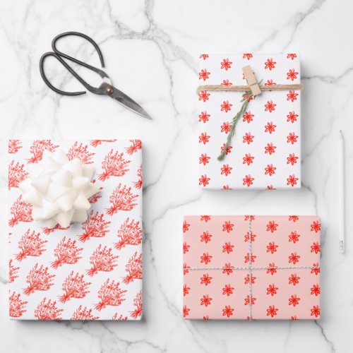 Tiny Daisies Wildflower Bouquet Whimsical Red Pink Wrapping Paper Sheets