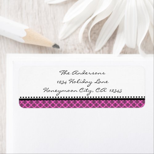 Tiny Damask Black  Bright Pink Address Labels