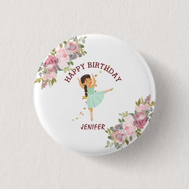  Tiny Dancer | Pink Floral Ballet Birthday Party Button (Front)