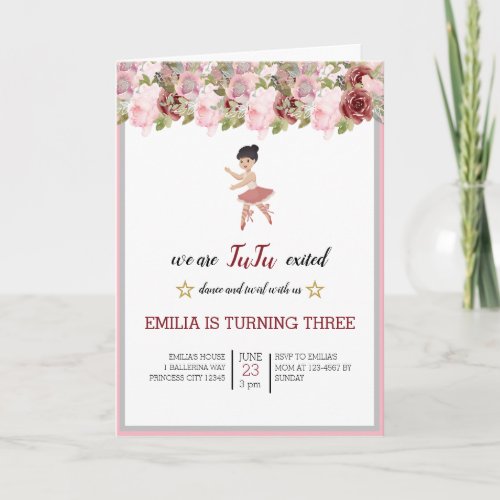 Tiny Dancer  Pink Floral Ballet Birthday Party Invitation