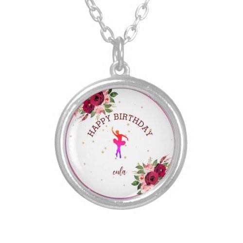 Tiny Dancer Pink Floral Ballet Birthday Party  Key Silver Plated Necklace