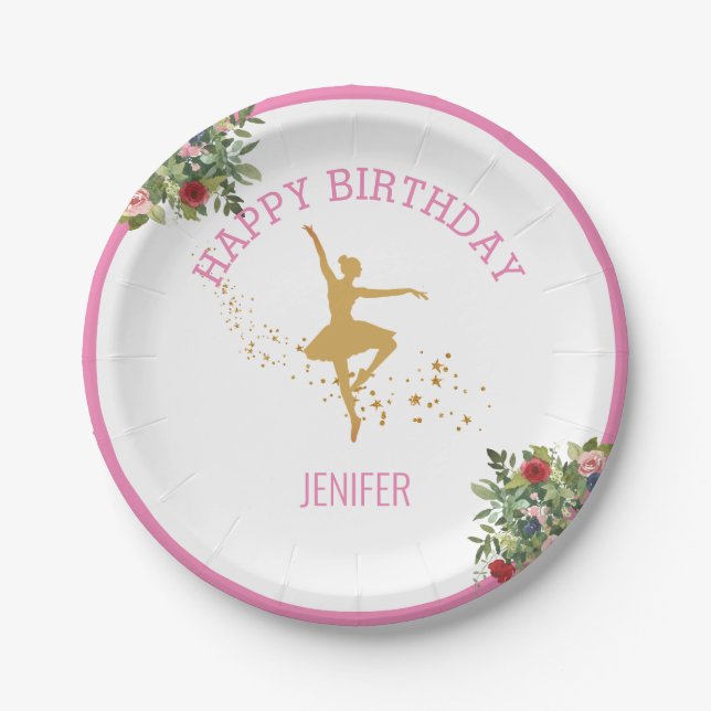 Tiny Dancer | Pink Floral Ballet Birthday Party Paper Plates (Front)