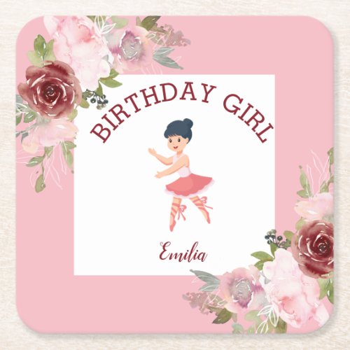 Tiny DancerPink Floral Ballet Birthday Party Square Paper Coaster