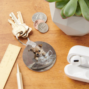 Tiny Delight: Chihuahua Puppy in a Teacup,  Keychain