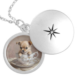 Tiny Delight: Chihuahua Puppy in a Teacup Locket Necklace