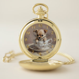 Tiny Delight: Chihuahua Puppy in a Teacup Pocket Watch