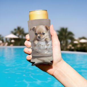 Tiny Delight: Chihuahua Puppy in a Teacup Seltzer Can Cooler