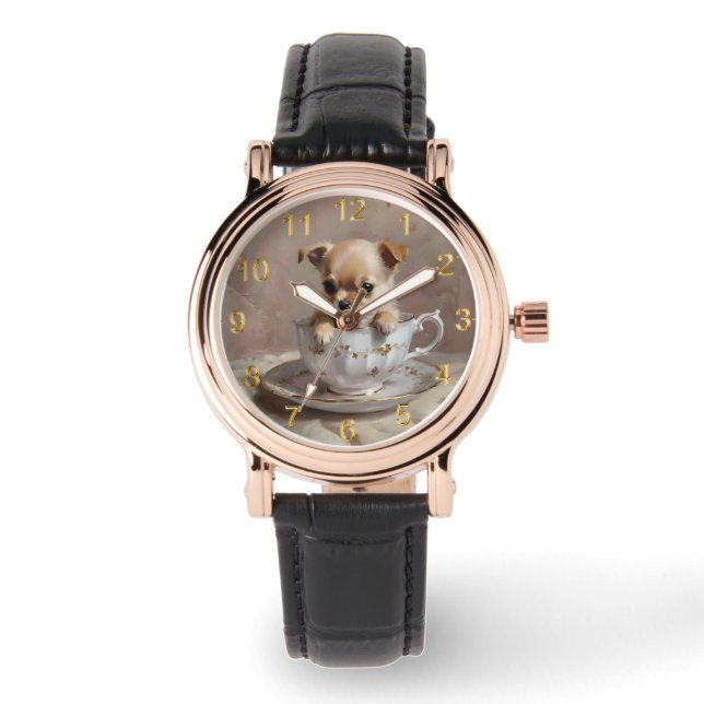 Tiny Delight: Chihuahua Puppy in a Teacup Watch (Front)