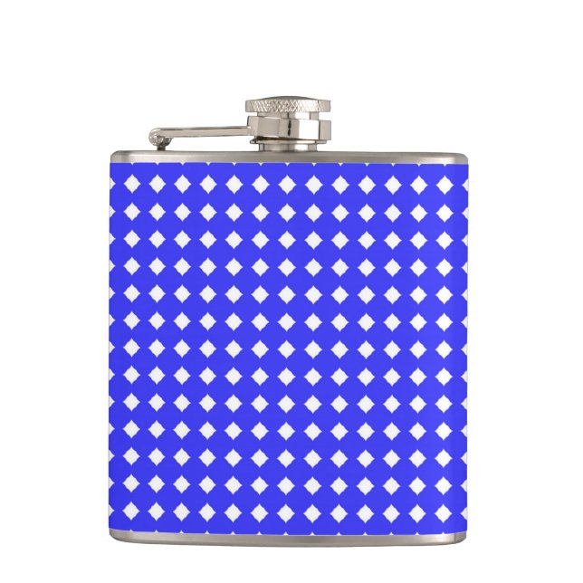 Tiny Diamonds Squares Pattern Cobalt Blue White Hip Flask (Front)