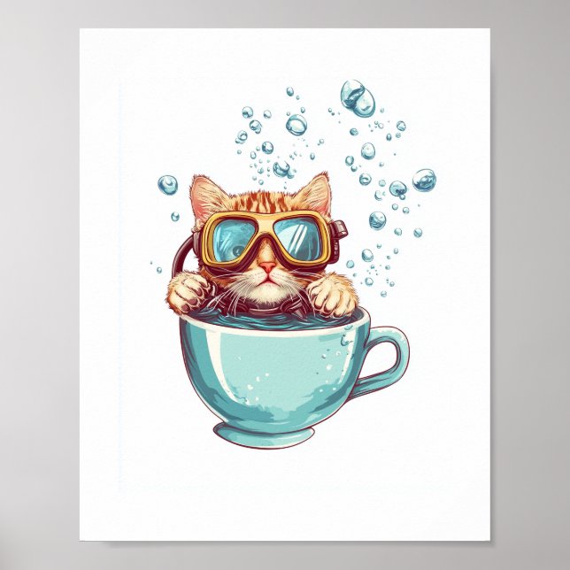 Tiny Diver Cat – Funny Scuba Kitty Tea Lover Poster (Front)