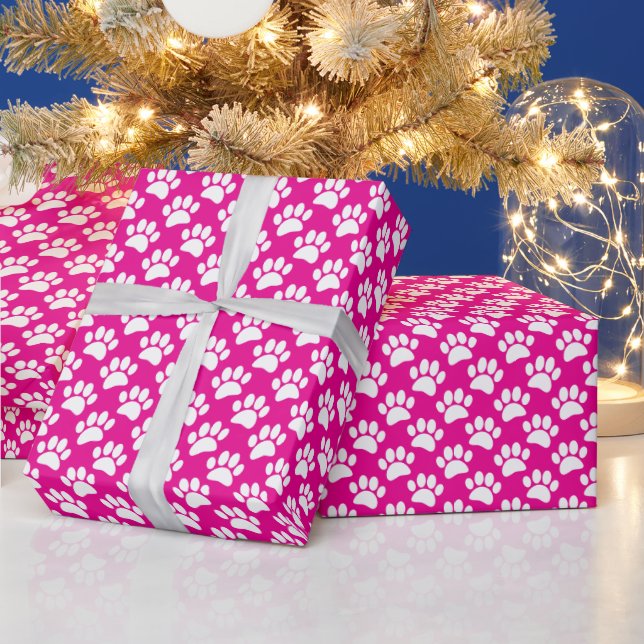 Tiny Dog Paw Print Pattern In White and Hot Pink Wrapping Paper (Holidays)